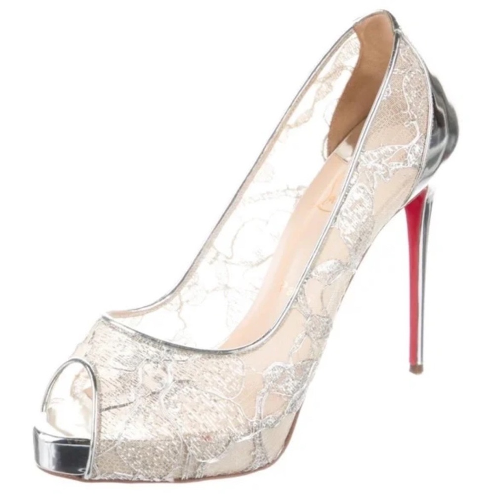 Christian Louboutin Silver lace peep toe Heels wedding prom evening 120 38.5